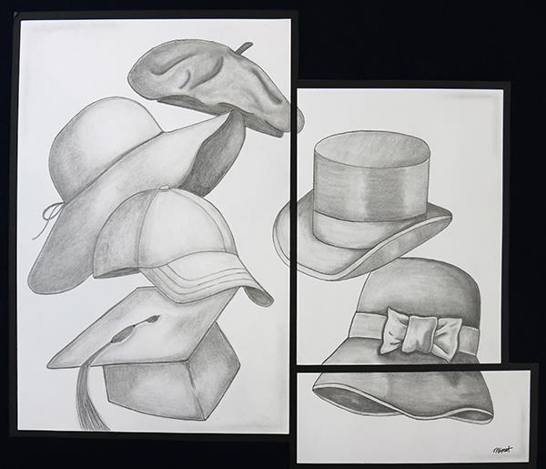 pencil drawing of several hats of different styles